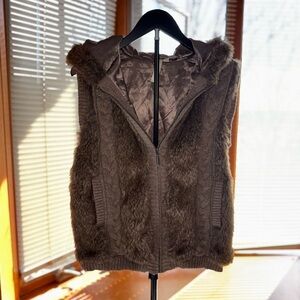 GreenTea Brown Faux Fur Hooded Vest - Women Jackets & Coats